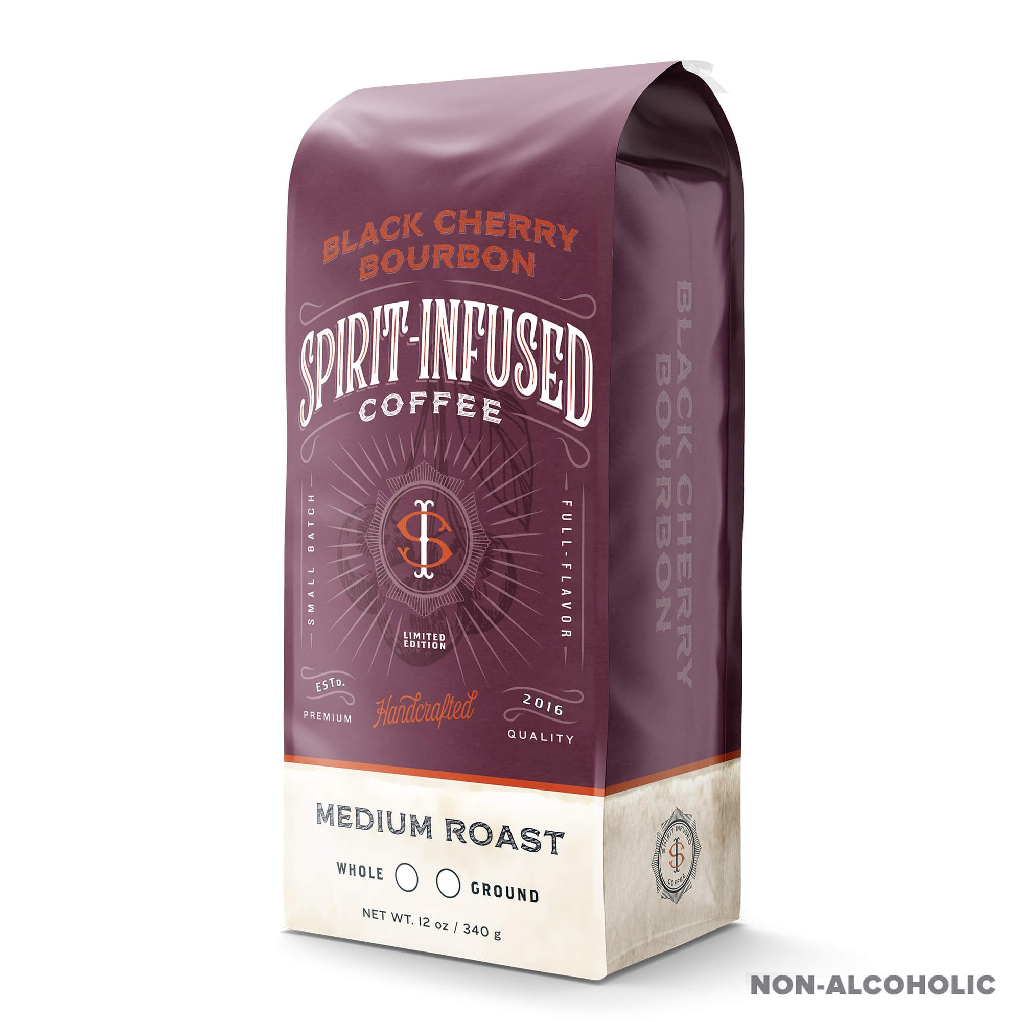 A 12 ounce bag of Fire Department Coffee's Black Cherry Bourbon Infused Coffee