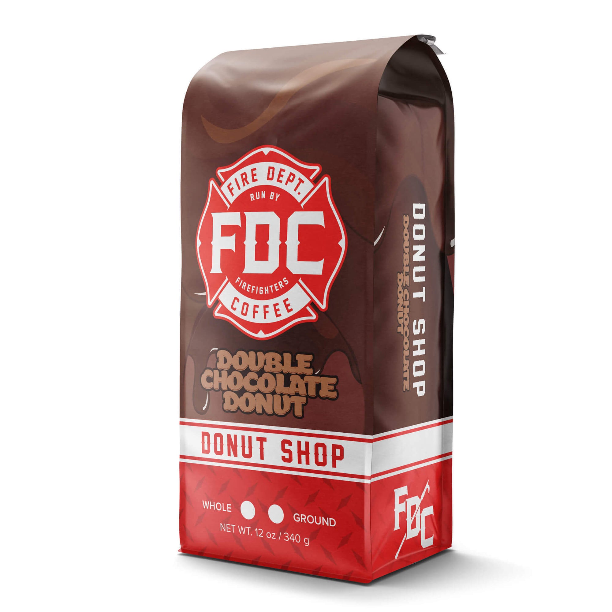 Fire Dept. Coffee's 12 ounce Double Chocolate Donut Shop Coffee in a rectangular package