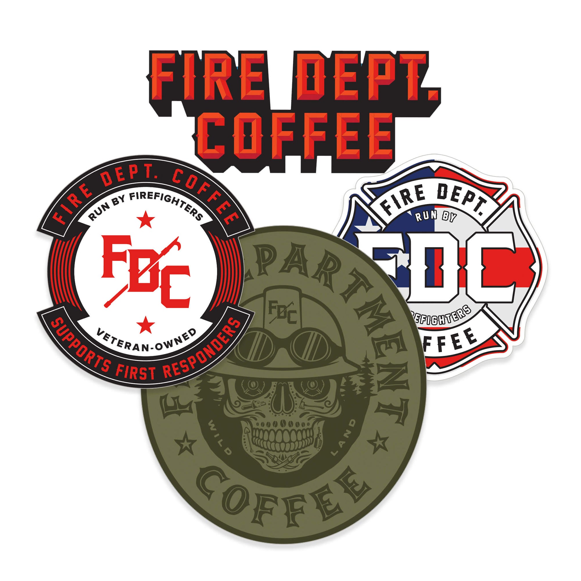 A variety 4 pack of Fire Department Coffee firefighter stickers.