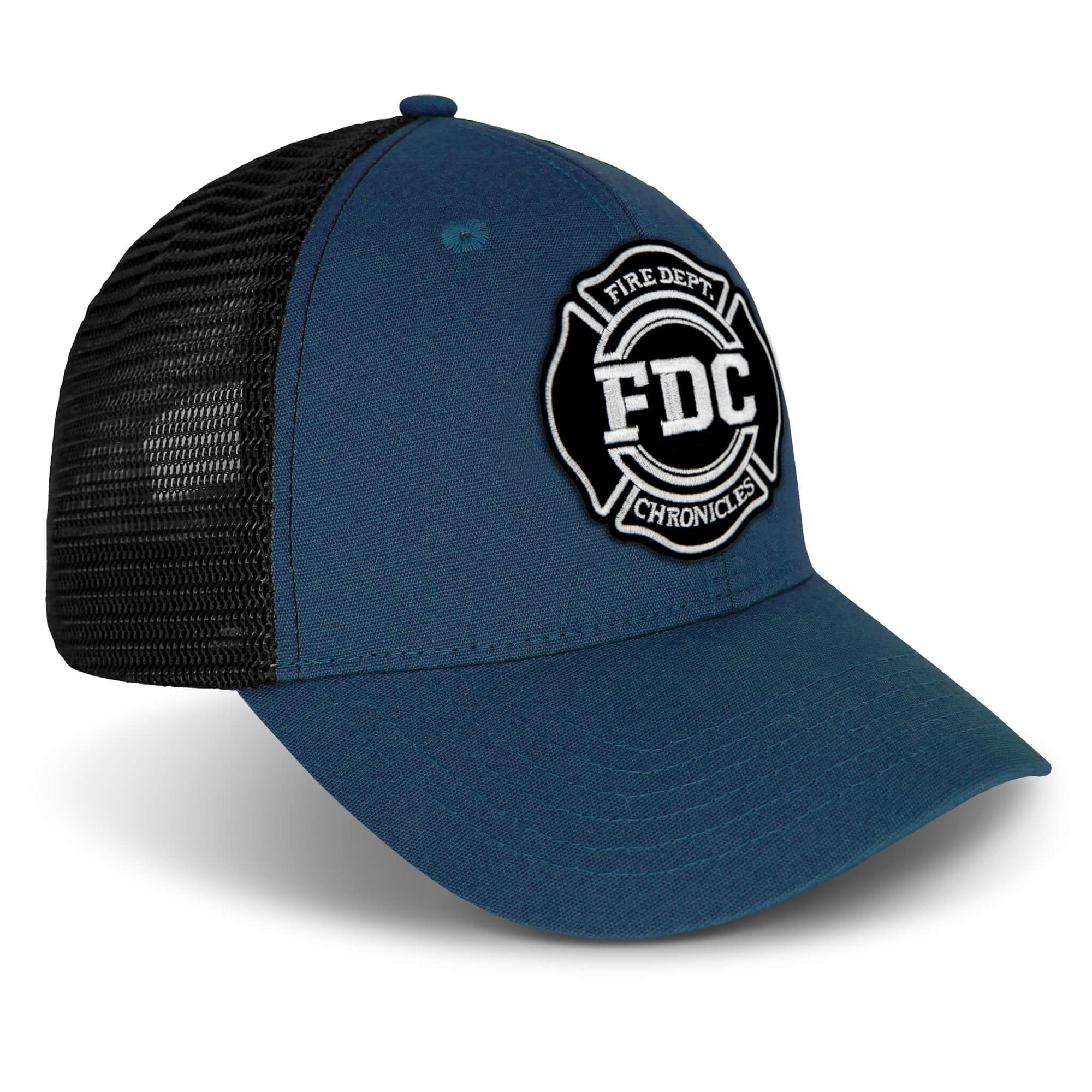 Front/Side angle of blue hat with black mesh back. This hat features a Fire Department Chronicles black and white logo on the front of the hat.