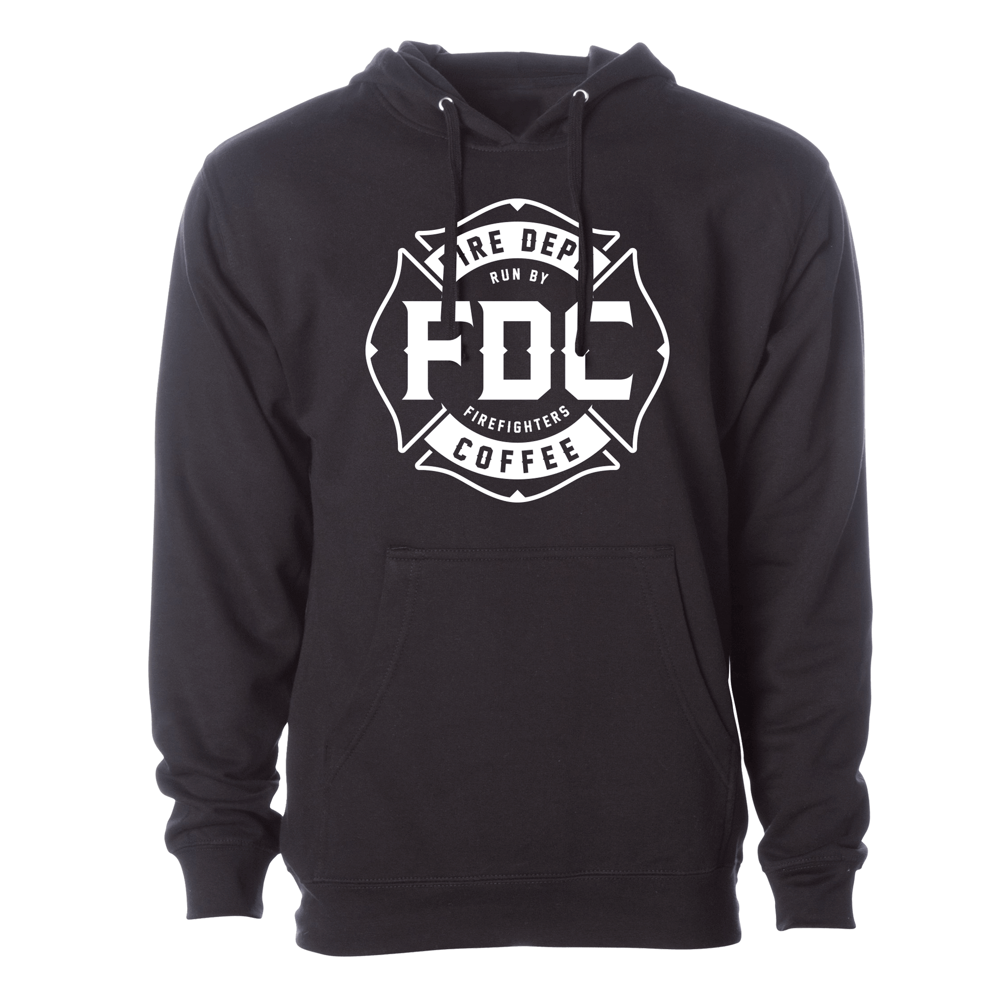 A black Fire Department Coffee Hoodie, featuring FDC's maltese cross logo in white.